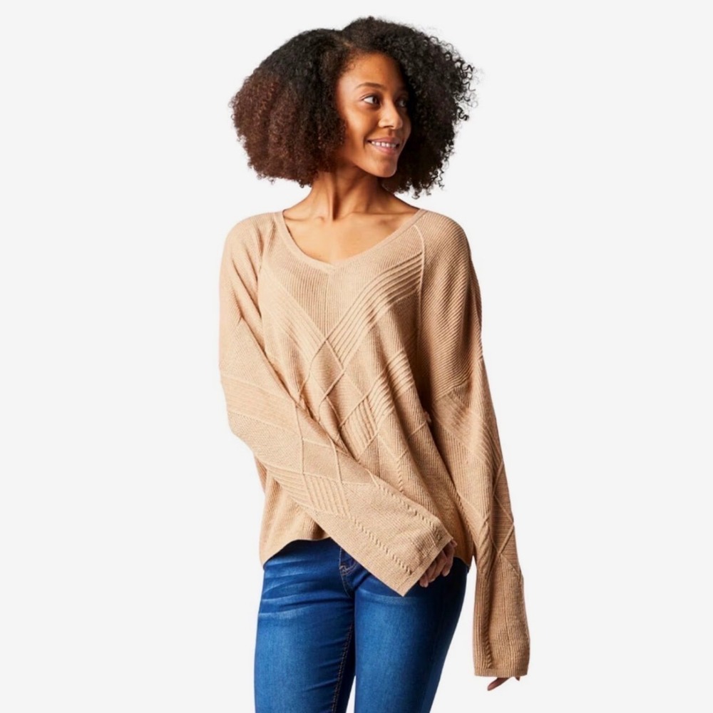 NEW Smartwool Shadow Pine V-Neck Merino Wool Blend Sweater Womens Size L Camel